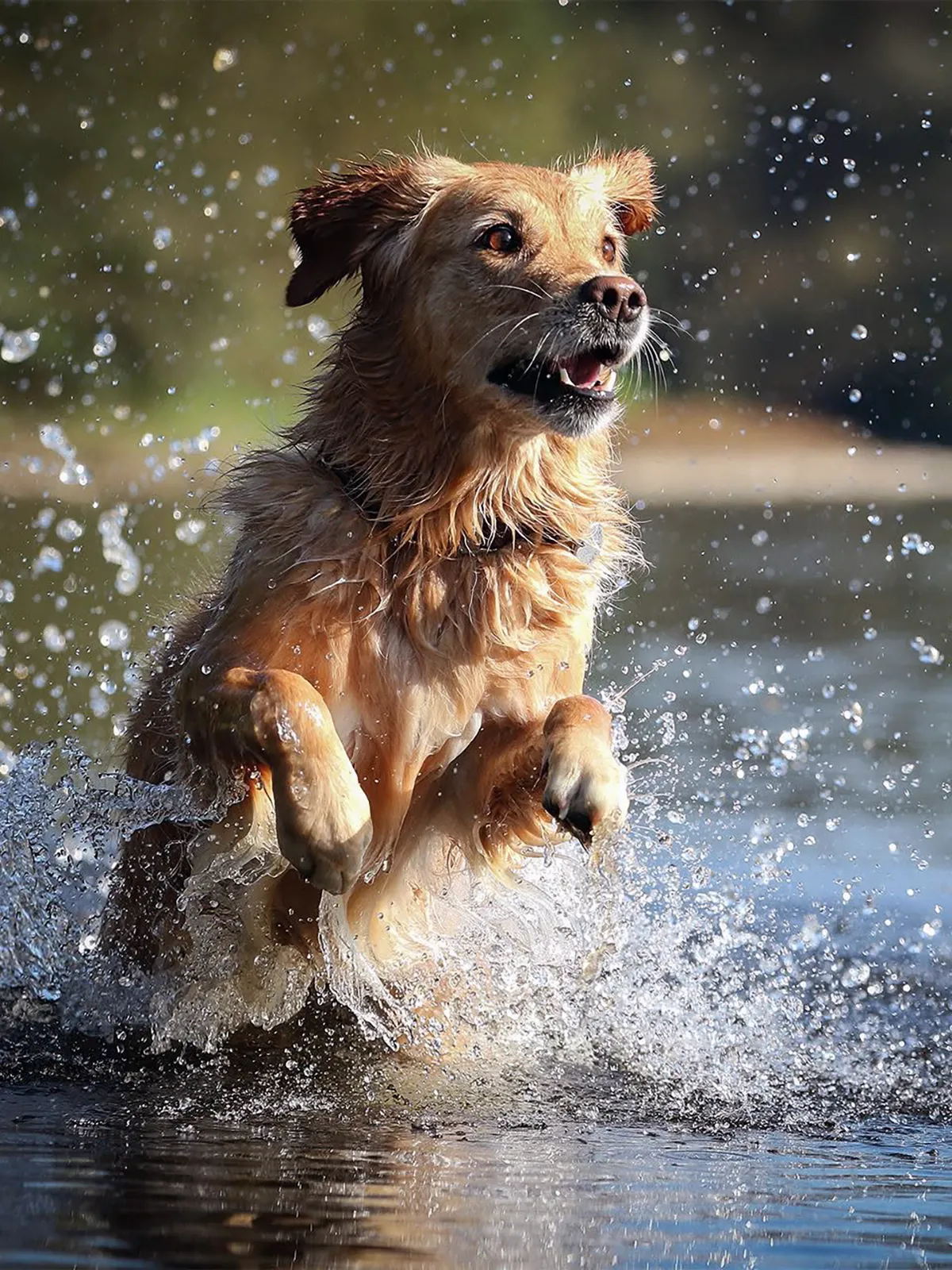 Hund springt voller Energie durch Wasser
